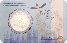 2 евро 2024 года Бельгия «Председательство Бельгии в Европейском Союзе» (текст на лицевой стороне блистера немецком и французском) — Фото №1