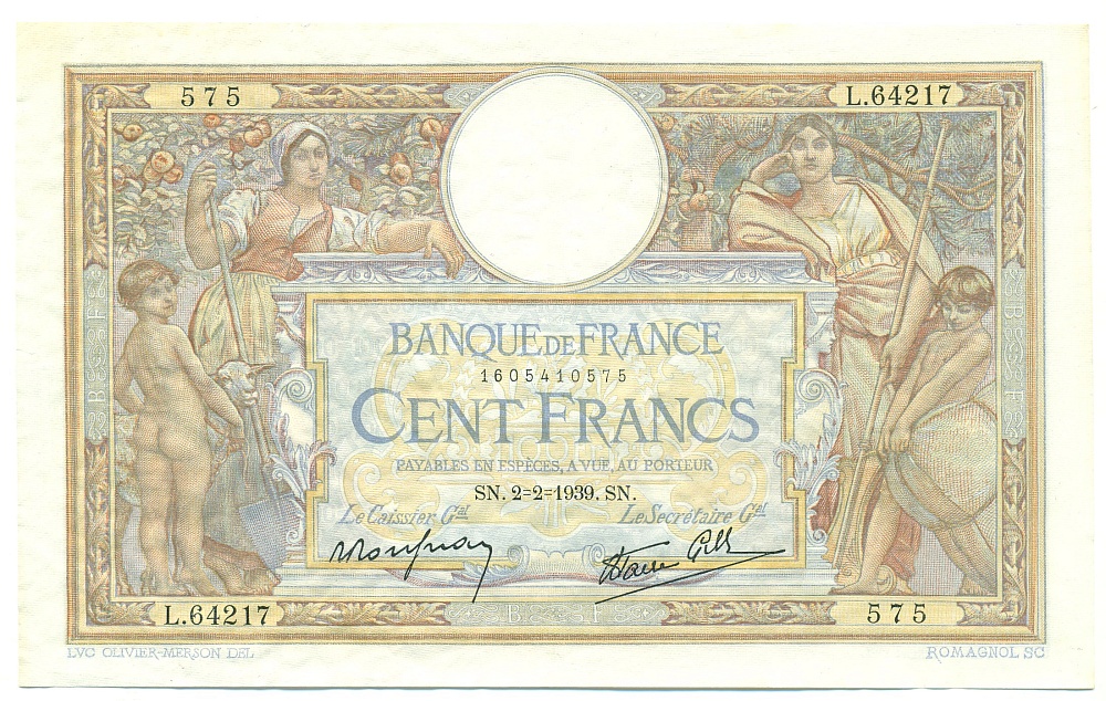100 франков 1939 года Франция — Фото №1