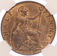 1/2 пенни 1903 года Великобритания (Король Эдуард VII) в слабе NGC (MS63RB) — Фото №1