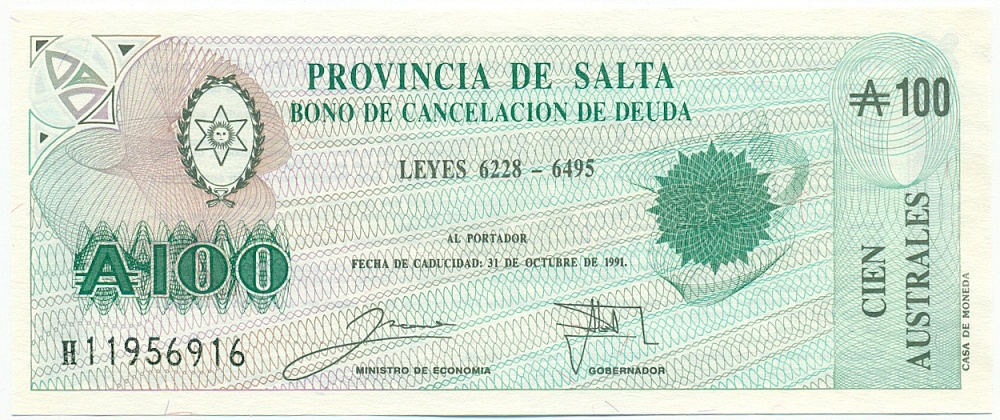 100 аустралей 1991 года Аргентина — Провинция Сальта — Фото №1