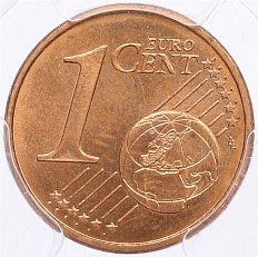 1 евроцент 1999-2024 года Брак (аверс-аверс) — в слабе PCGS (MS66RD) — Фото №1