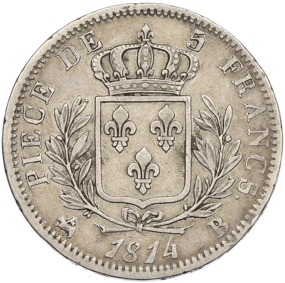 5 франков 1814 года B Франция (Людовик XVIII) — Фото №1