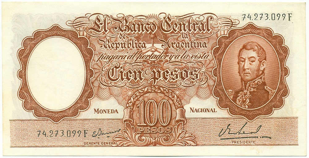 100 песо 1967 года Аргентина — Фото №1