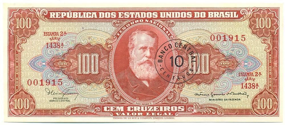 10 сентаво 1967 года Бразилия (Надпечатка на 100 крузейро) — Фото №1