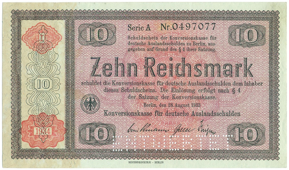 10 рейхсмарок 1933 года Германия (Перфорация гашения) — Фото №1
