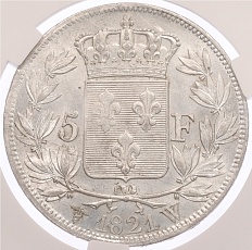 5 франков 1821 года W Франция (Людовик XVIII) в слабе CPRC (MS62) — Фото №2