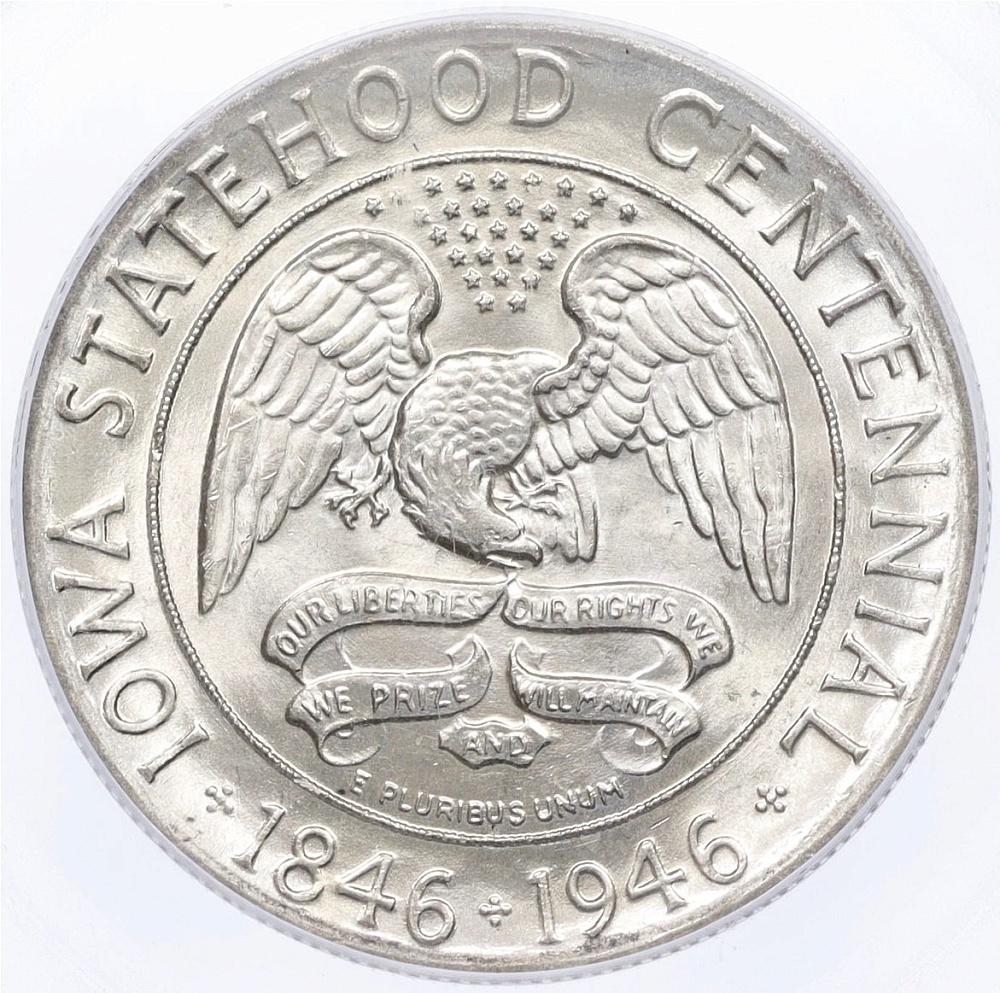 1/2 доллара (50 центов) 1946 года США «100 лет штату Айова» в слабе PCGS (MS66) — Фото №1