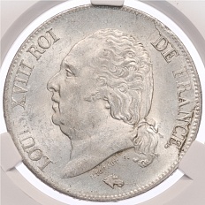 5 франков 1821 года W Франция (Людовик XVIII) в слабе CPRC (MS62) — Фото №1