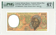 2000 франков 2000 года Центрально-Африканский валютный союз Литера F (ЦАР) — в слабе PMG (Superb Gem Unc 67) — Фото №1