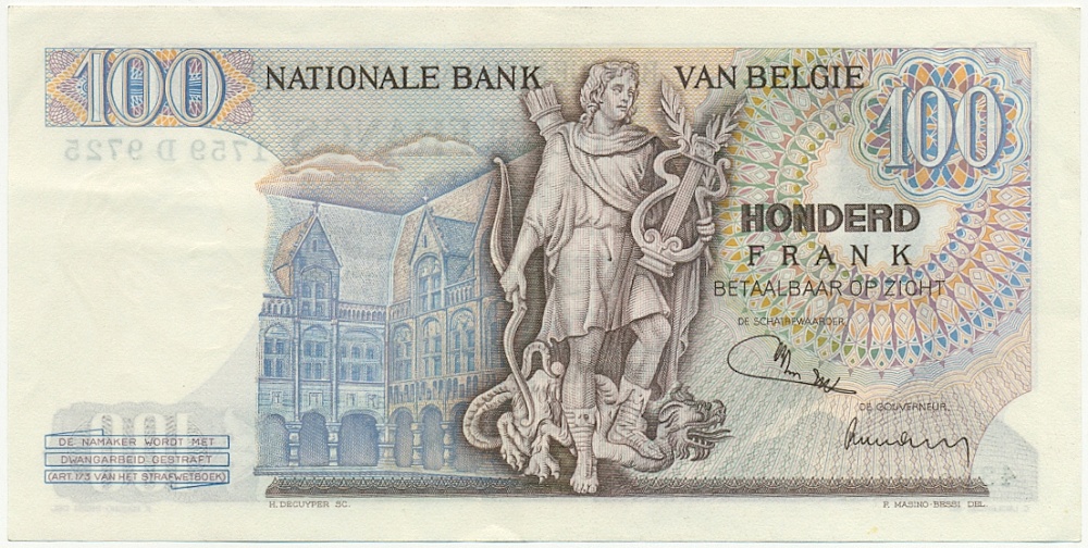 100 франков 1972 года Бельгия — Фото №2