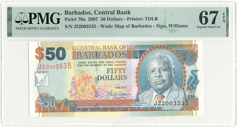 50 долларов 2007 года Барбадос — в слабе PMG (Superb Gem Unc 67) — Фото №1