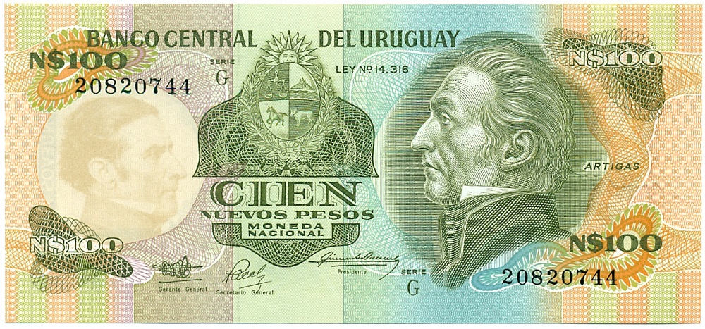 100 новых песо 1987 года Уругвай — Фото №1