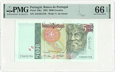 5000 эскудо 1995 года Португалия — в слабе PMG (Gem UNC 66) — Фото №1