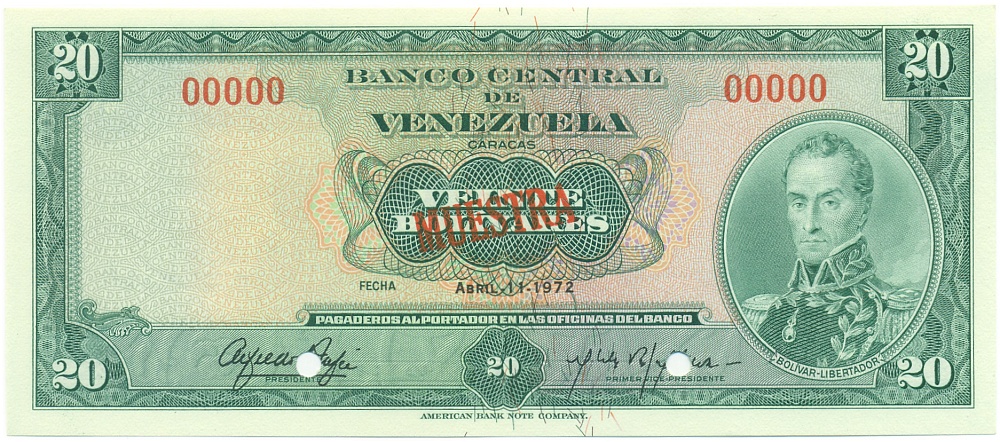 20 боливаров 1972 года Венесуэла (ОБРАЗЕЦ) — Фото №1
