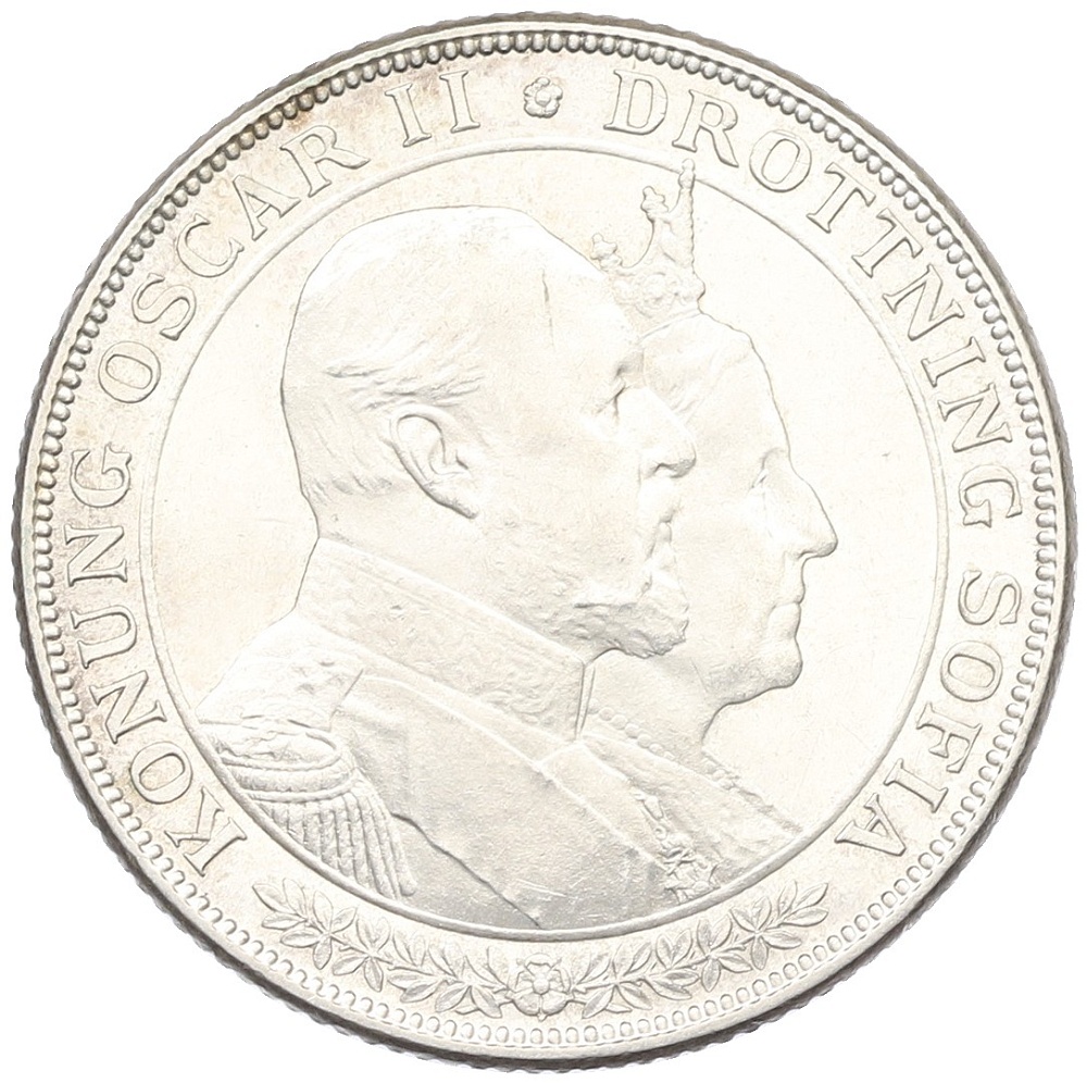 2 кроны 1907 года Швеция «50 лет свадьбе Короля Оскара II и Леди Софии» — Фото №1