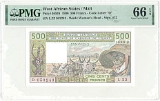 500 франков 1990 года Западно-Африканский валютный союз Литера D (Мали) — в слабе PMG (Gem UNC 66) — Фото №1