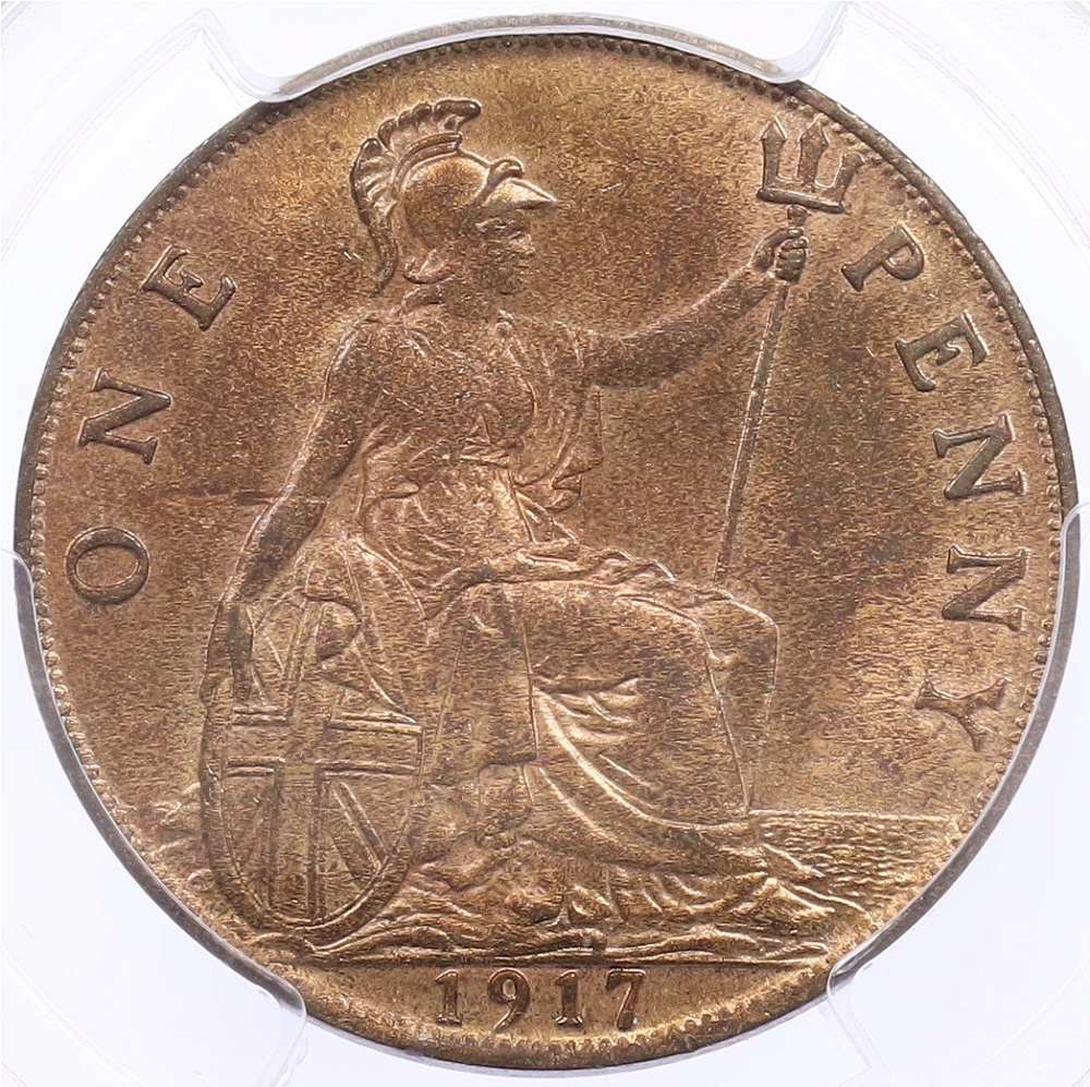 1 пенни 1917 года Великобритания (Король Георг V) в слабе PCGS (MS64RB) — Фото №1