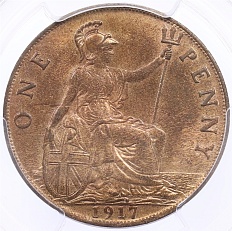 1 пенни 1917 года Великобритания (Король Георг V) в слабе PCGS (MS64RB) — Фото №1