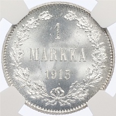 1 марка 1915 года Русская Финляндия — в слабе NGC (MS66+) — Фото №1