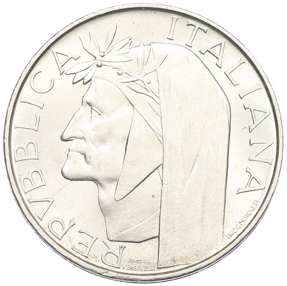 500 лир 1965 года Италия «700 лет со дня рождения Данте Алигьери» — Фото №2