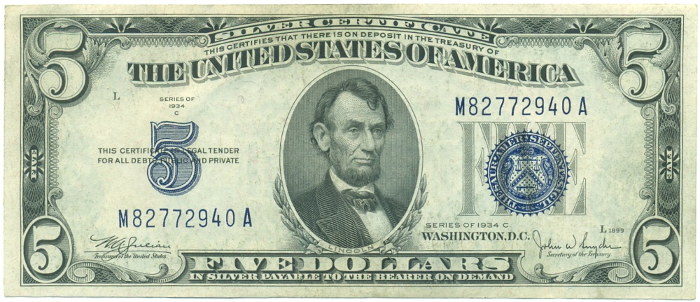 5 долларов 1934 года США «Серебряный сертификат» — Фото №1