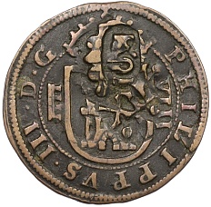 12 мараведи 1641-1642 года Испания (Надчекан на 8 мараведи 1613 года) — Фото №2