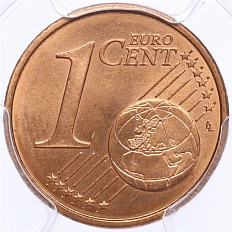 1 евроцент 1999-2024 года Брак (аверс-аверс) — в слабе PCGS (MS66RD) — Фото №1