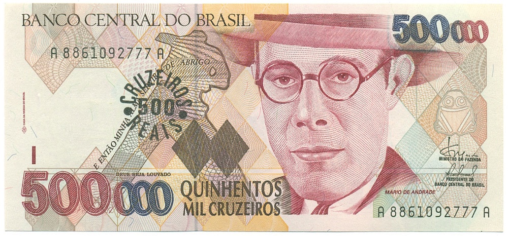 500 реалов 1993 года Бразилия (Надпечатка на 500000 крузейро) — Фото №1