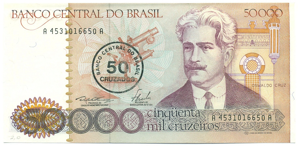 50 крузадо 1986 года Бразилия (Надпечатка на 50000 крузейро) — Фото №1