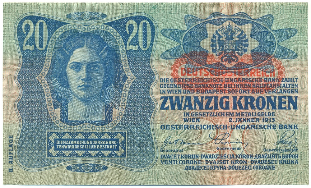 20 крон 1919 года Австрия (Красная горизонтальная надпечатка на 20 кронах 1913 года) — Фото №1