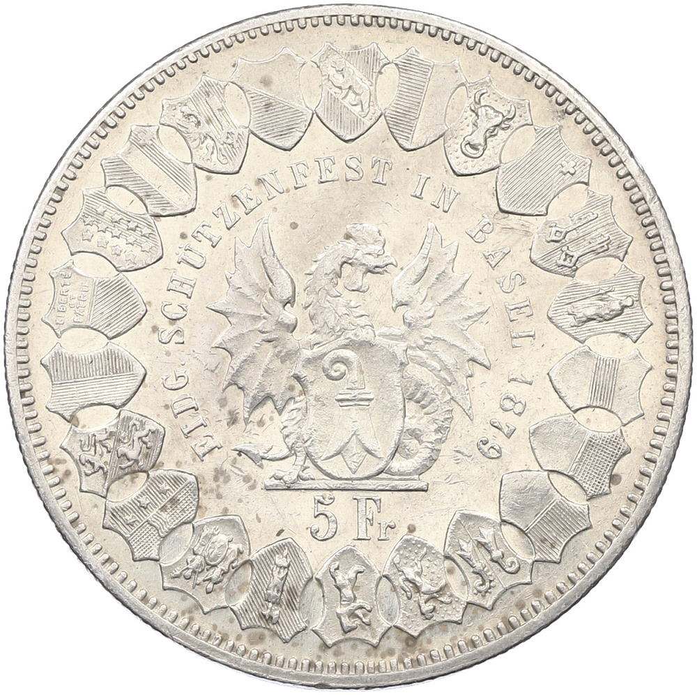 5 франков 1879 года Швейцария «Стрелковый фестиваль в Базеле» — Фото №2