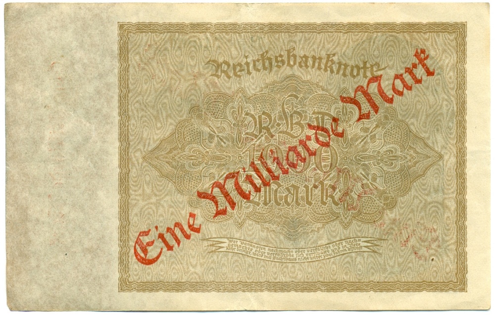 1 миллиард марок 1923 года Германия (Надпечатка на 1000 марок) — Фото №2