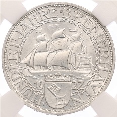 3 марки 1927 года A Германия «100 лет Бремерхафену» в слабе ННР (MS64) — Фото №1