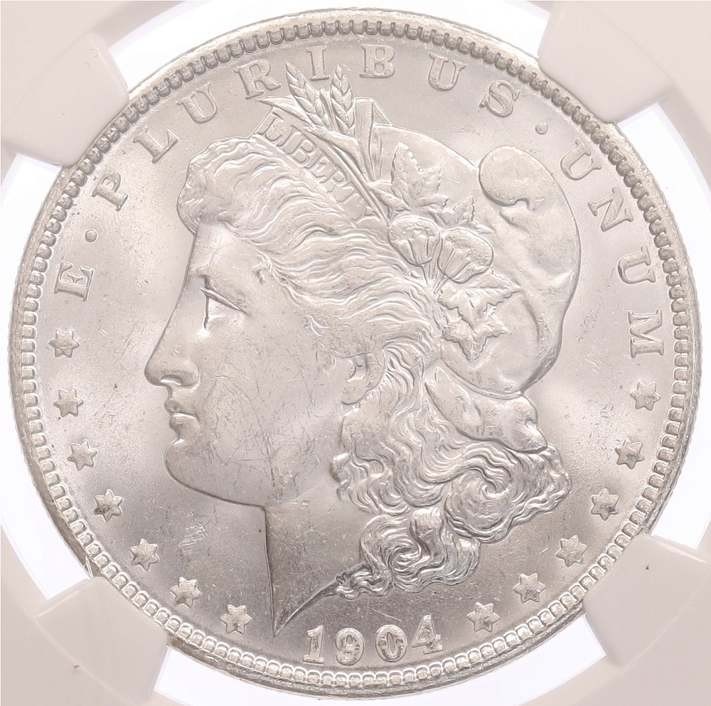 1 доллар 1904 года О США «Доллар Моргана» в слабе NGC (MS63) — Фото №1