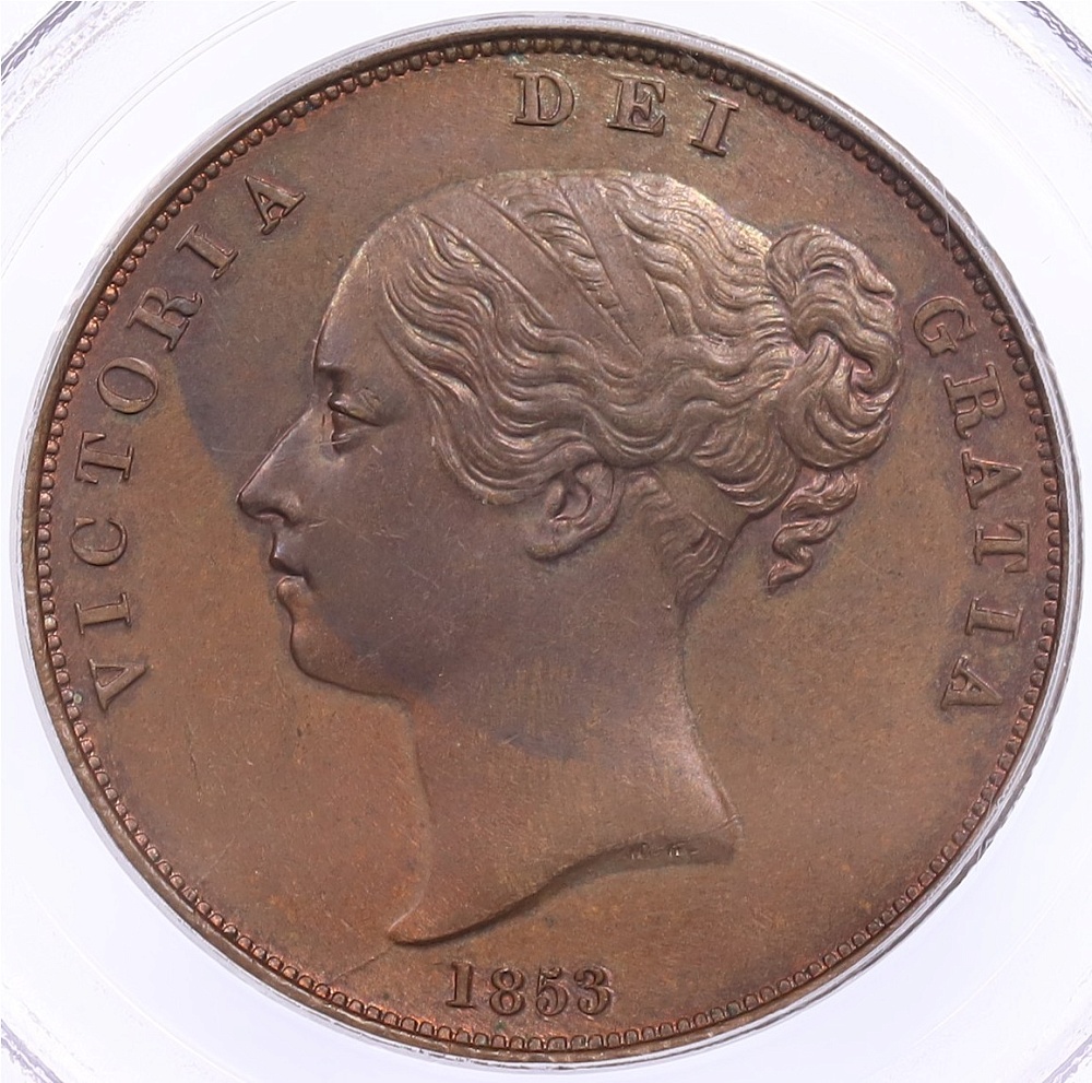 1 пенни 1853 года Великобритания (Королева Виктория) в слабе PCGS (MS63BN) — Фото №1