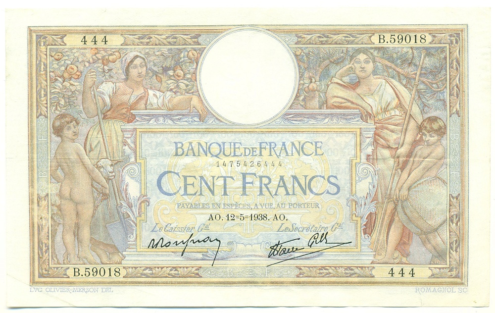 100 франков 1938 года Франция — Фото №1