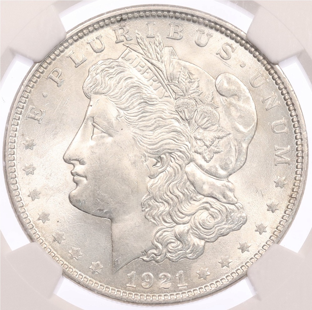 1 доллар 1921 года США «Доллар Моргана» в слабе NGC (MS63) — Фото №1