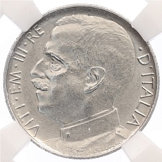 50 чентезимо 1925 года Италия (Гурт рубчатый) в слабе ННР (AU55) — Фото №2