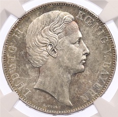 1 союзный талер 1866 года Бавария (Король Людвиг II) в слабе NGC (MS63) — Фото №1