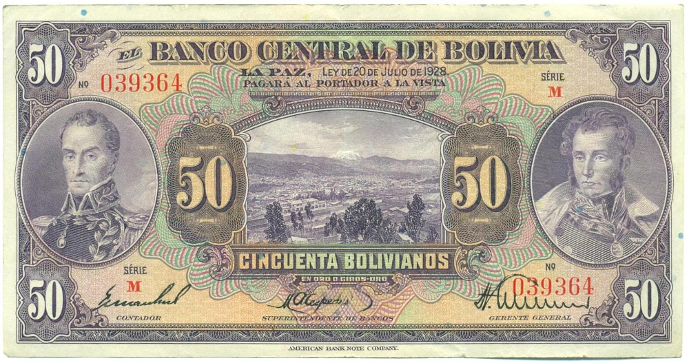 50 боливиано 1928 года Боливия — Фото №1