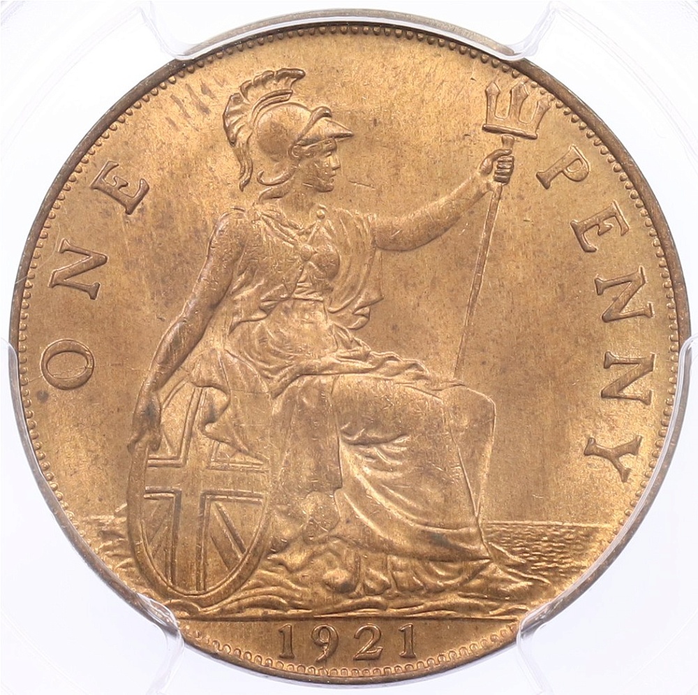 1 пенни 1921 года Великобритания (Король Георг V) в слабе PCGS (MS64RB) — Фото №1