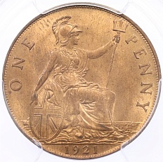 1 пенни 1921 года Великобритания (Король Георг V) в слабе PCGS (MS64RB) — Фото №1
