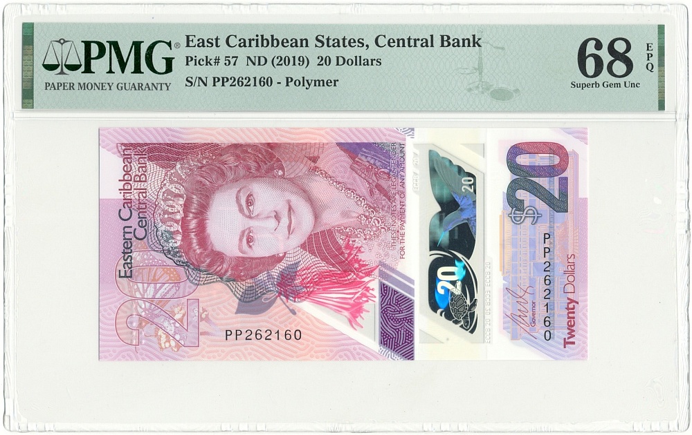 20 долларов 2019 года Восточные Карибы — в слабе PMG (Superb Gem Unc 68) — Фото №1