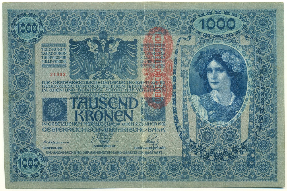 1000 крон 1919 года Австрия (Красная вертикальная надпечатка на 1000 крон 1902 года) — Фото №1