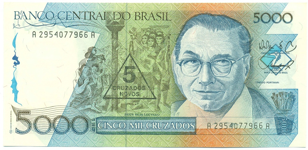 5 новых крузадо 1989 года Бразилия (Надпечатка на 5000 крузадо) — Фото №1