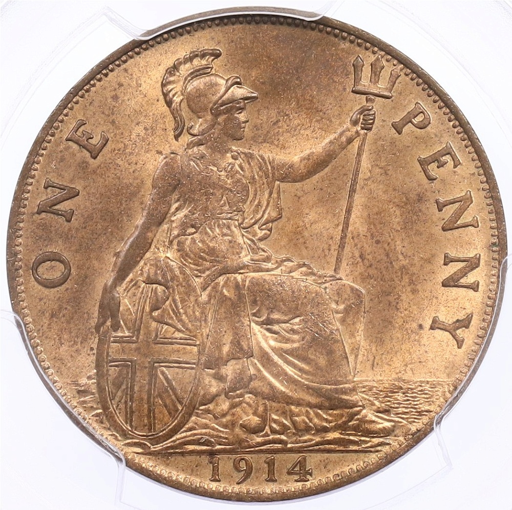 1 пенни 1914 года Великобритания (Король Георг V) в слабе PCGS (MS64RB) — Фото №1