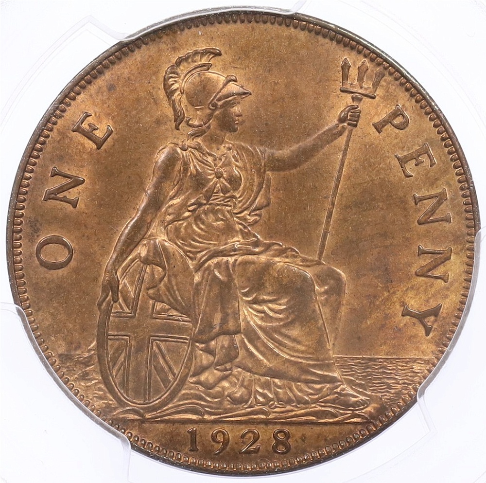 1 пенни 1928 года Великобритания (Король Георг V) в слабе PCGS (MS64RB) — Фото №1
