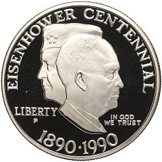 1 доллар 1990 года Р США «100 лет со дня рождения Эйзенхауэра» — Фото №1