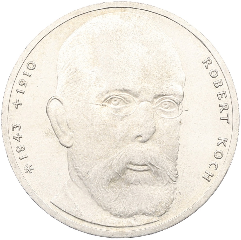 10 марок 1993 года J Германия «150 лет со дня рождения Роберта Коха» — Фото №1