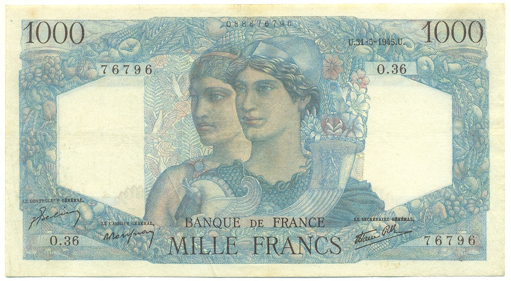 1000 франков 1945 года Франция — Фото №1